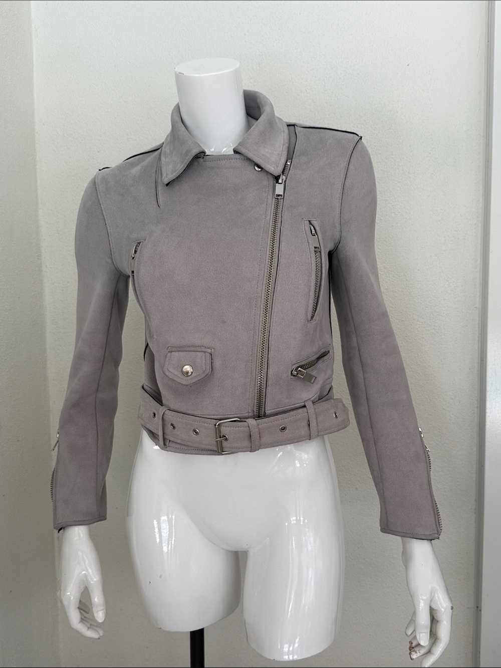 Zara UltraSuede Moto Jacket - Light Gray size XS- Excellent - Picture 10 of 13